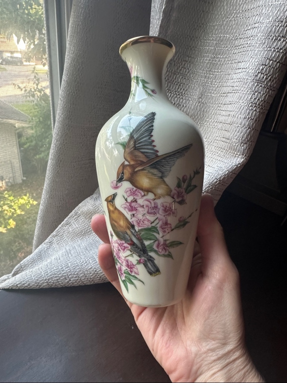 Lenox “Gift of Love” White Porcelain Vase with Pink Blossoms and Gold Rim